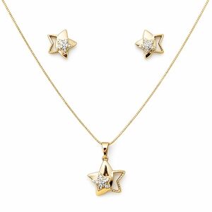 Gold Plated Star Jewelry Set 16” Necklace & Earrings Dainty Crystal Pendant Set